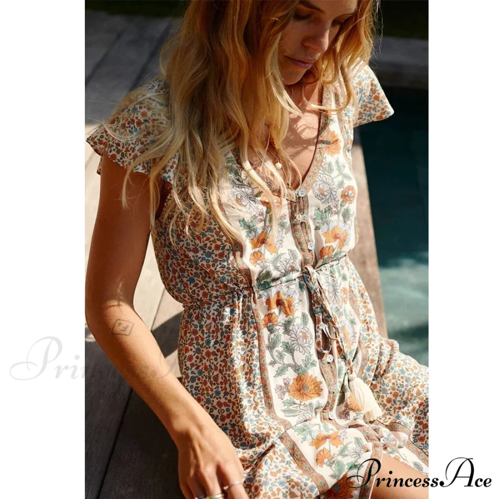 Crimson Flower Pattern Bohemian Short Dress - Image 5