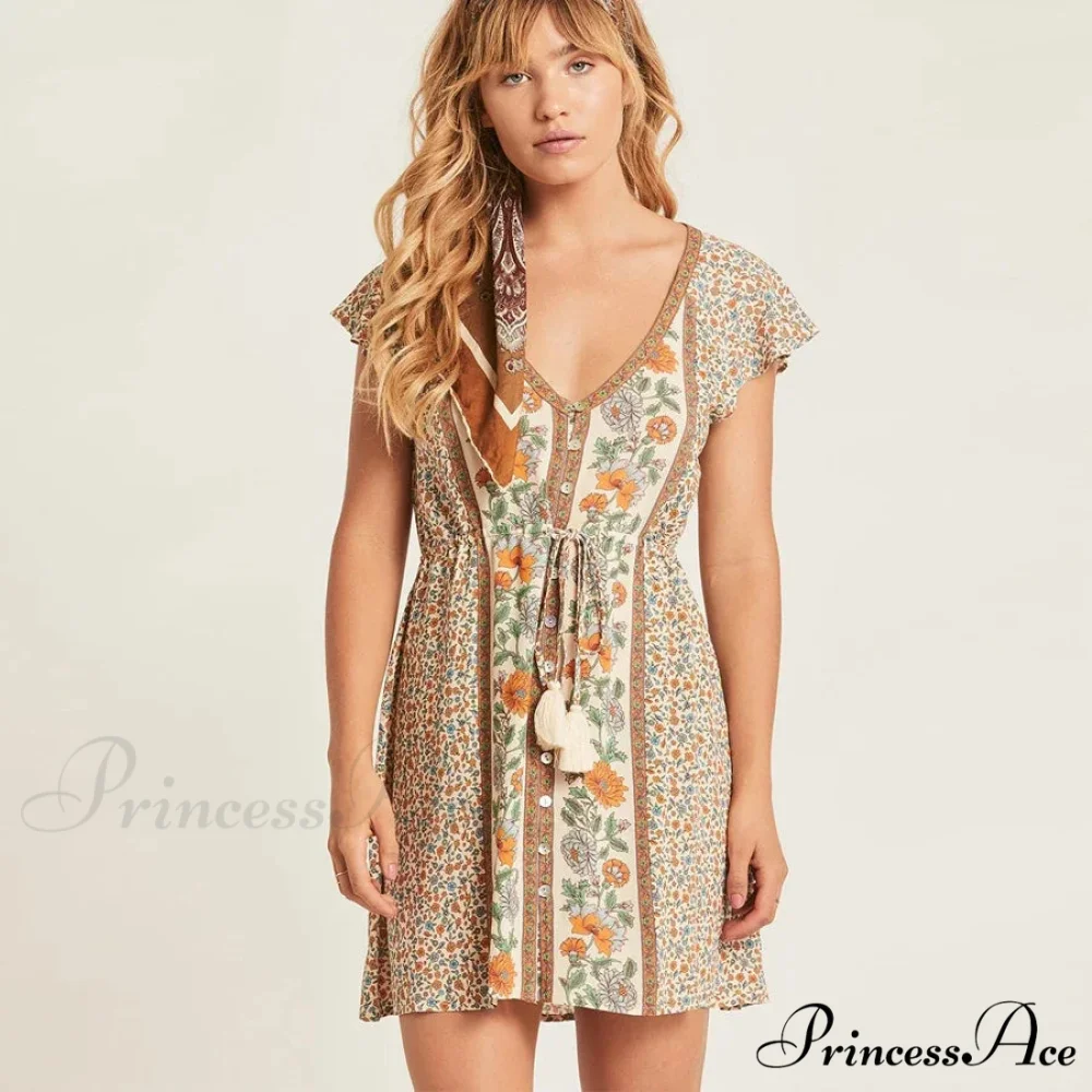 Crimson Flower Pattern Bohemian Short Dress - Image 6
