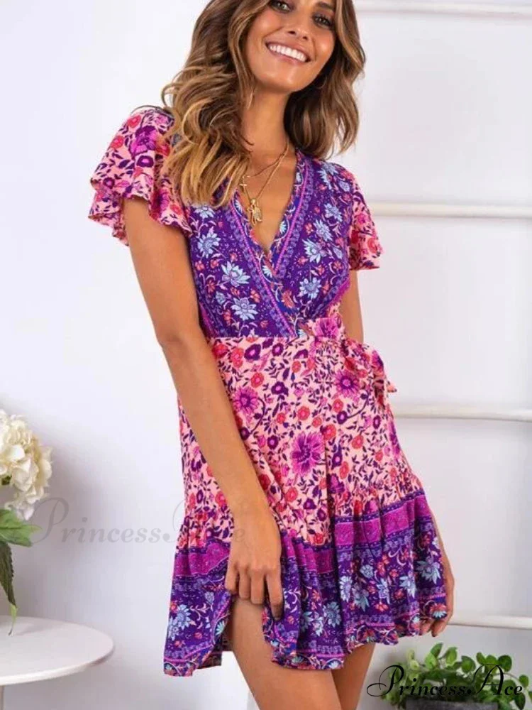 Crimson Flower Pattern Brief Sleeve Rayon Summertime Wrap Mini Boho Dress - Image 2