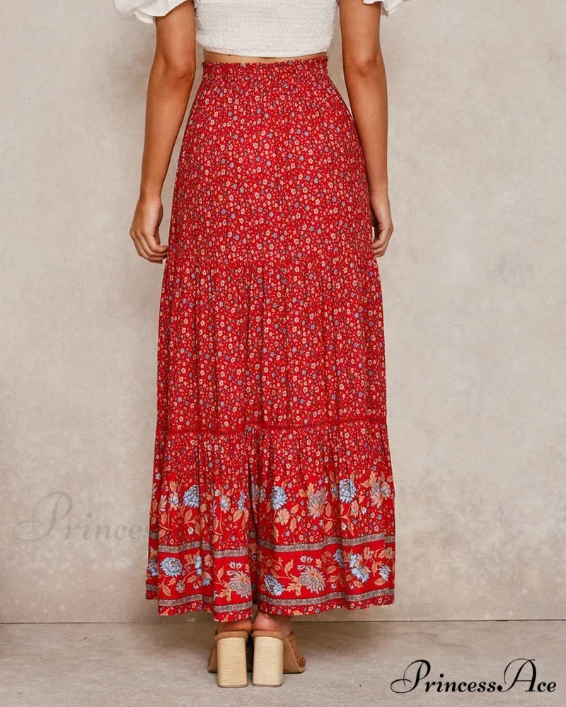 Crimson Flower Pattern Seaside Free-Spirited High Rise Rayon Skirt - Image 2