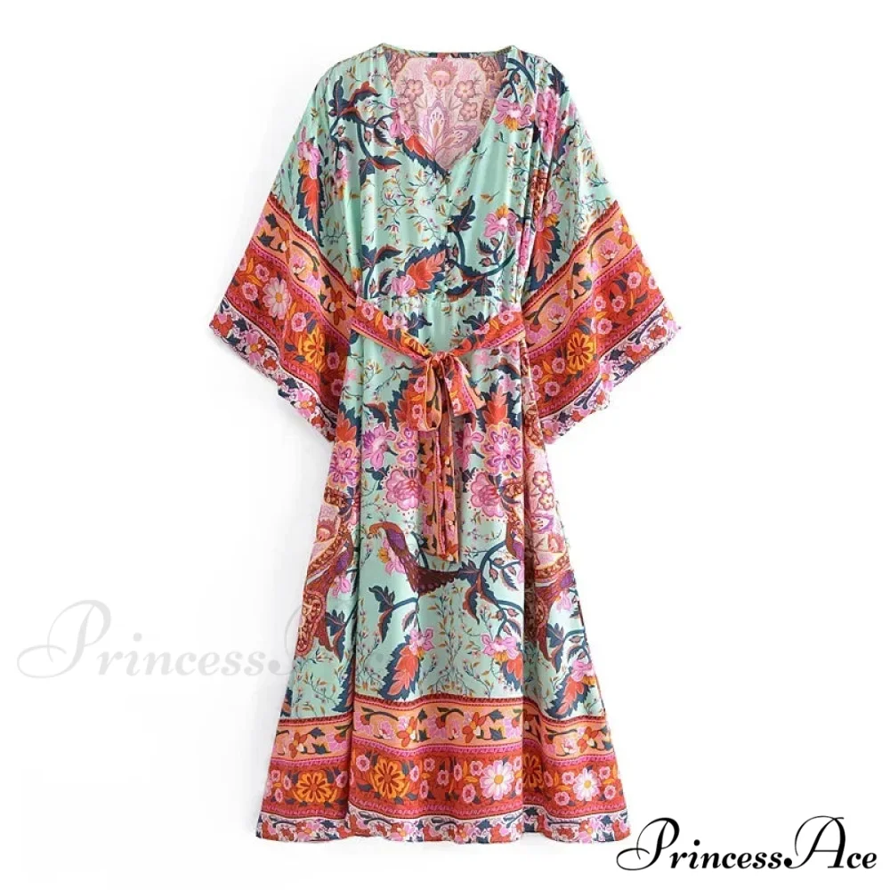 Crimson Flowery Bat Sleeve V-neck Kimono Cover-up Boho Dress - Image 2