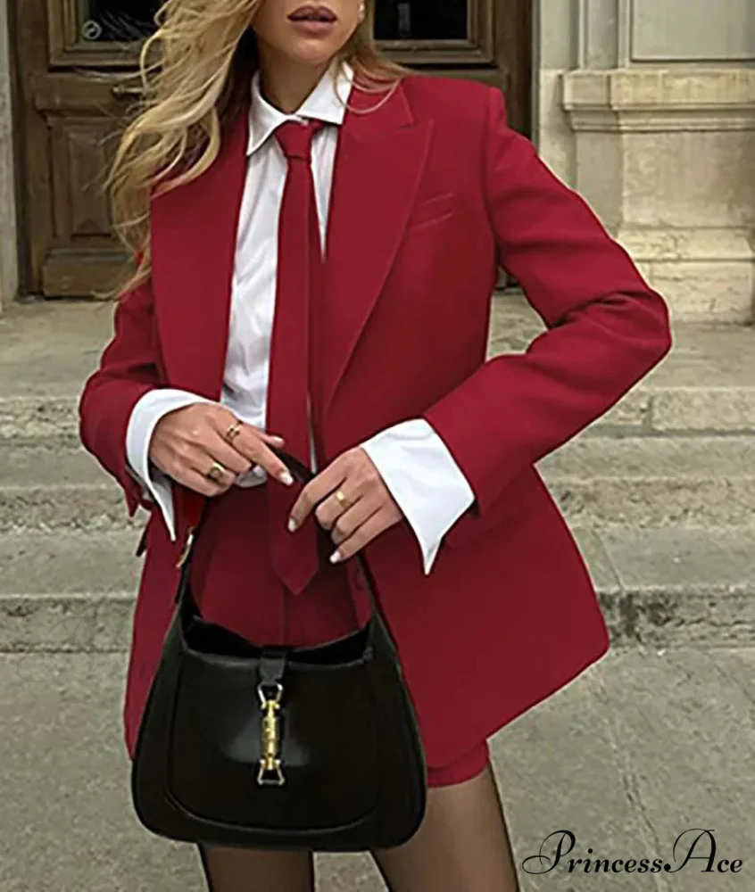Crimson Pockets Necktie Button Shorts Workplace Two Piece Set - Image 2
