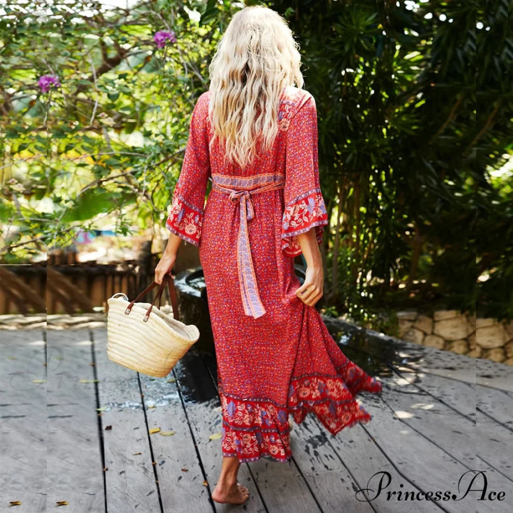 Crimson Rayon Flower Pattern V-neck Adjustable Belt Boho Dress - Image 3