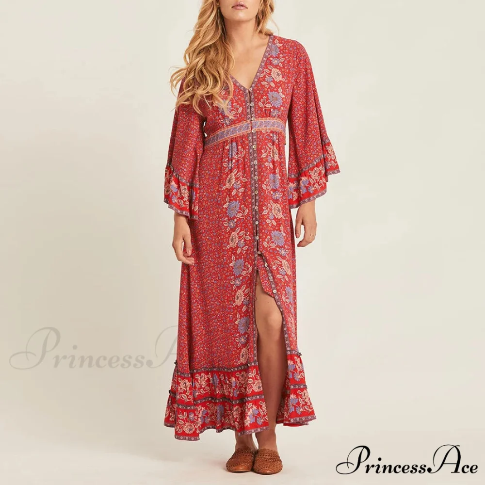 Crimson Rayon Flower Pattern V-neck Adjustable Belt Boho Dress - Image 4