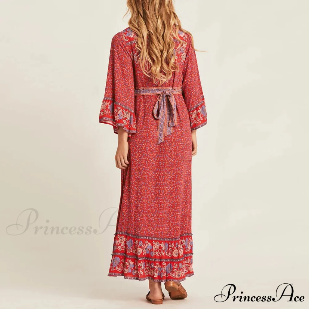 Crimson Rayon Flower Pattern V-neck Adjustable Belt Boho Dress - Image 5
