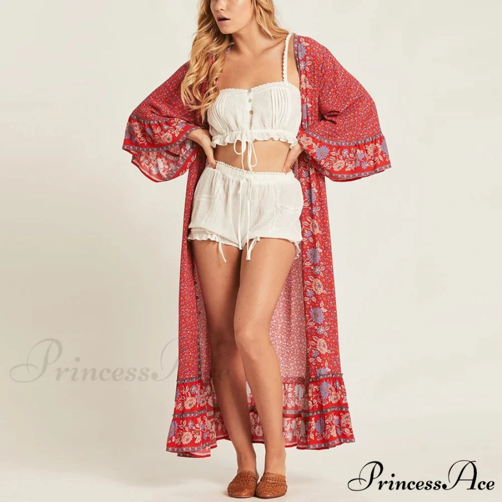 Crimson Rayon Flower Pattern V-neck Adjustable Belt Boho Dress - Image 6