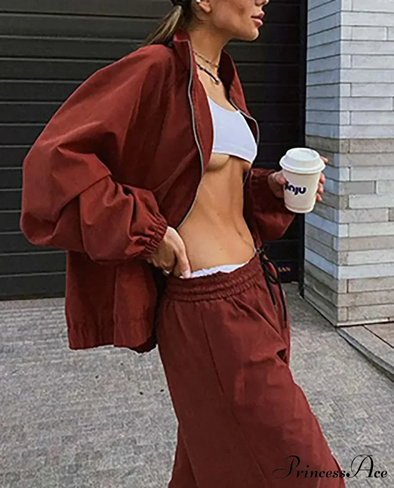 Crimson Zipper Cinched Trousers Workplace Two Piece Set - Image 2