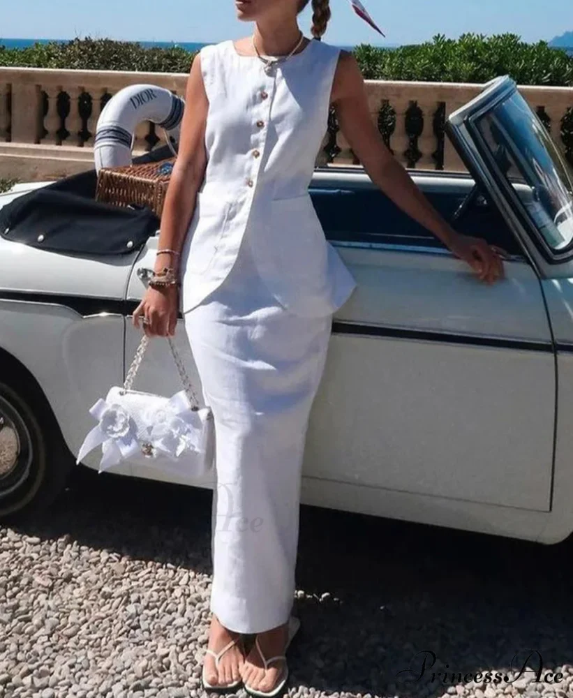 Crisp Cotton Sleeveless Maxi Skirt Workplace Two Piece Ensemble - Image 2