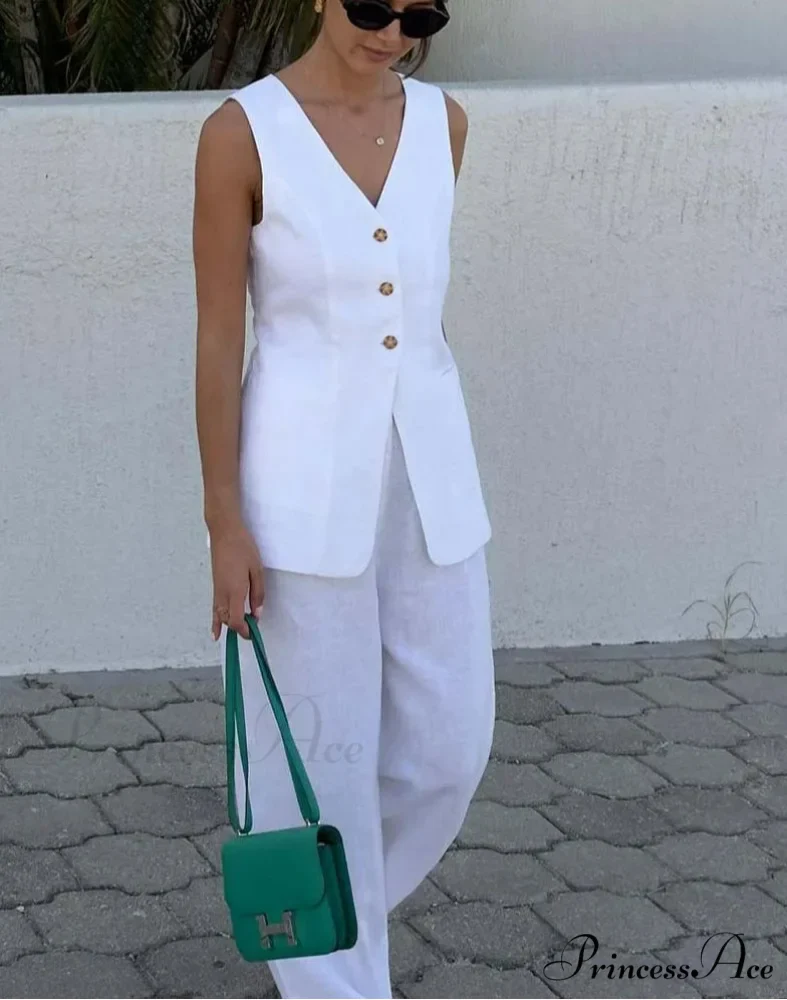 Crisp Cotton Sleeveless Straight Pants Office Two Piece Set - Image 2