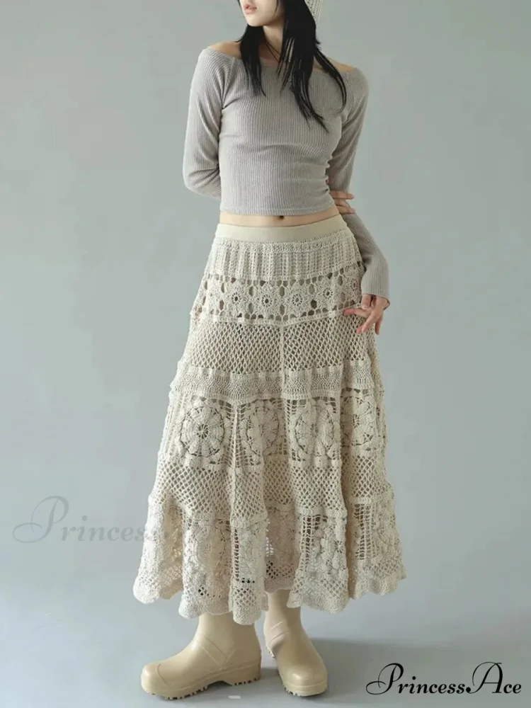 Crochet Blossom Emptied Elastic Waist Skirt - Image 3