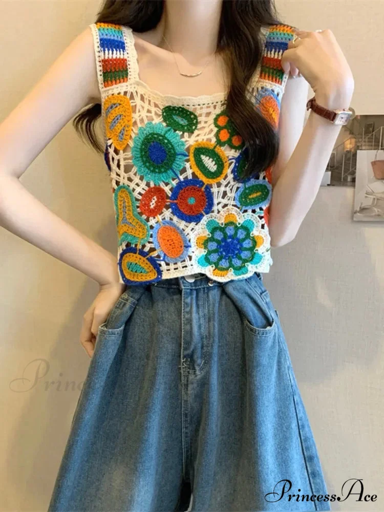 Crochet Variegated Stitched Floral Crop Top - Image 2
