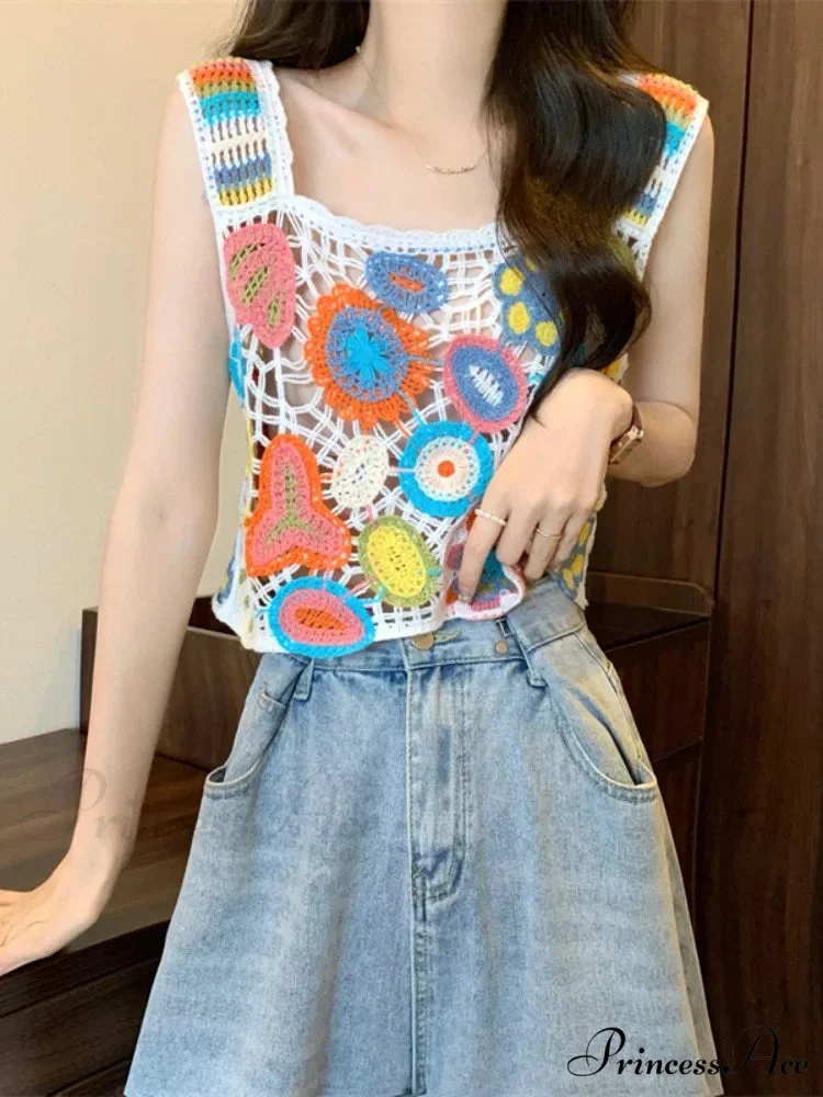 Crochet Variegated Stitched Floral Crop Top - Image 3