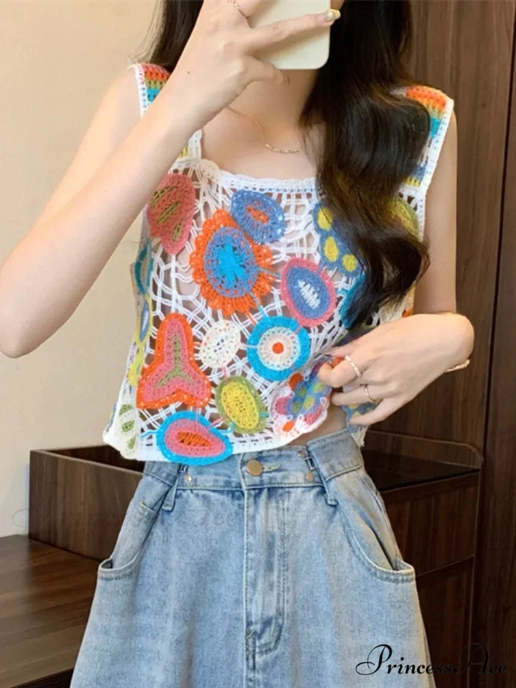 Crochet Variegated Stitched Floral Crop Top - Image 4