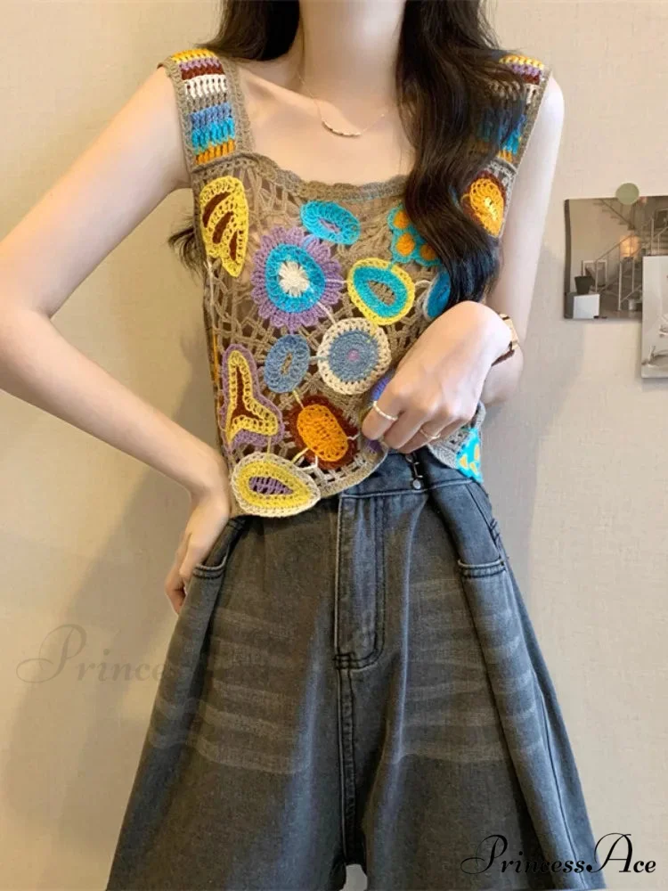 Crochet Variegated Stitched Floral Crop Top - Image 5