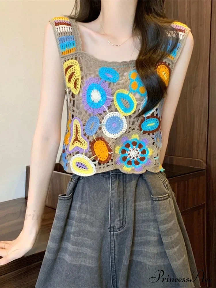 Crochet Variegated Stitched Floral Crop Top - Image 6