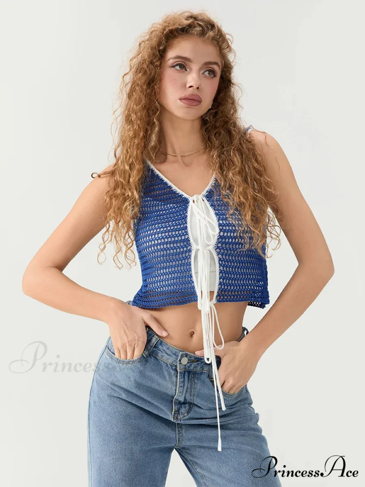 Crocheted Sleeveless Knit V-neck Crop Top - Image 2