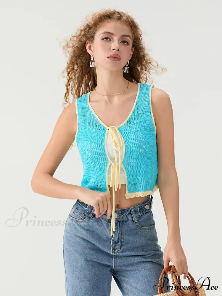 Crocheted Sleeveless Knit V-neck Crop Top - Image 5