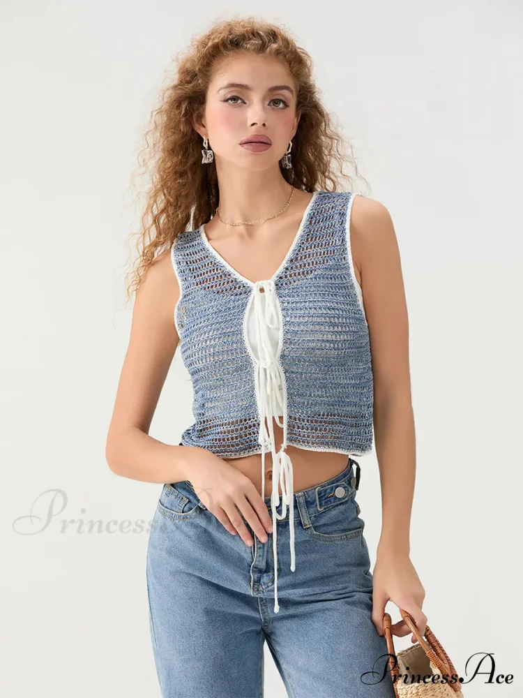 Crocheted Sleeveless Knit V-neck Crop Top - Image 7