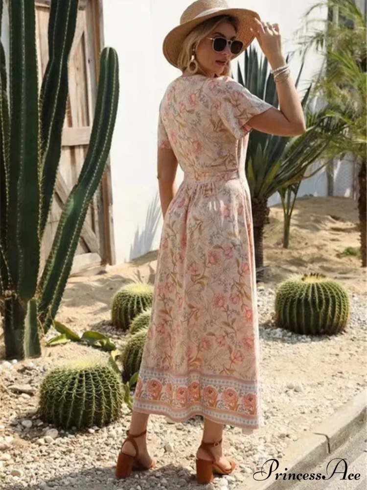 Cross Plunging Neckline Frills Bohemian Flared Dress - Image 2