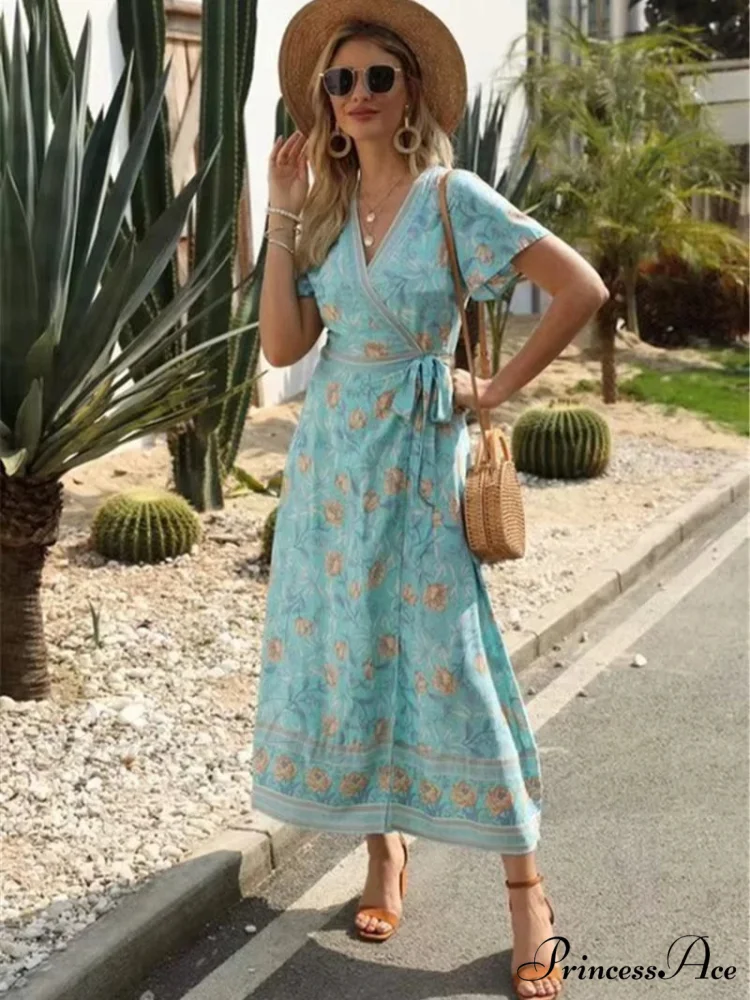 Cross Plunging Neckline Frills Bohemian Flared Dress - Image 3