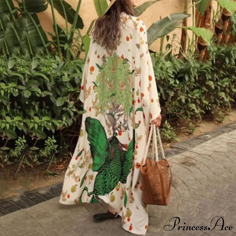 Cultural Flowery Extended Sleeve Free-spirited Kaftan Concealment