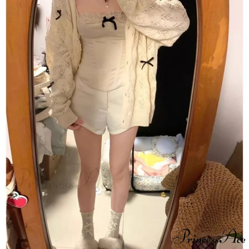Cute Bow Hollow Out Solid Knit Cardigan - Image 2