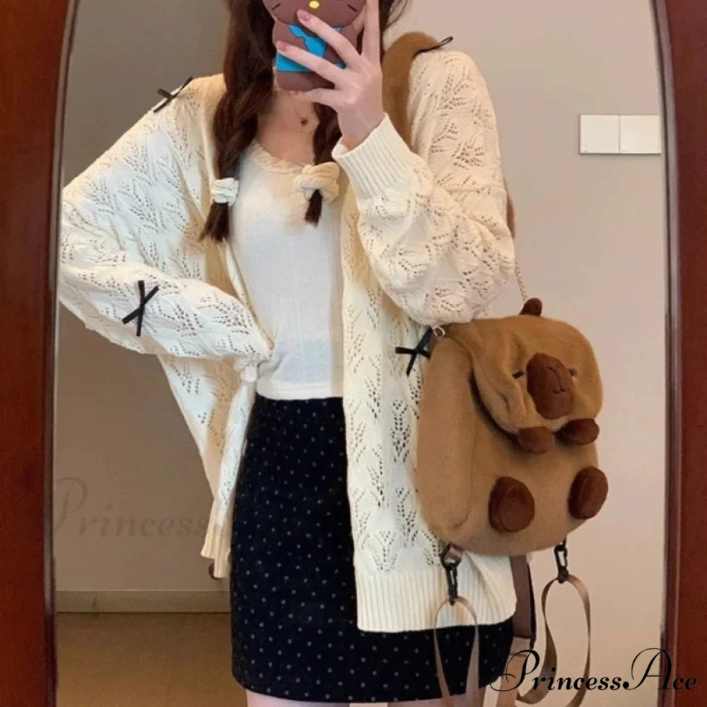 Cute Bow Hollow Out Solid Knit Cardigan - Image 5