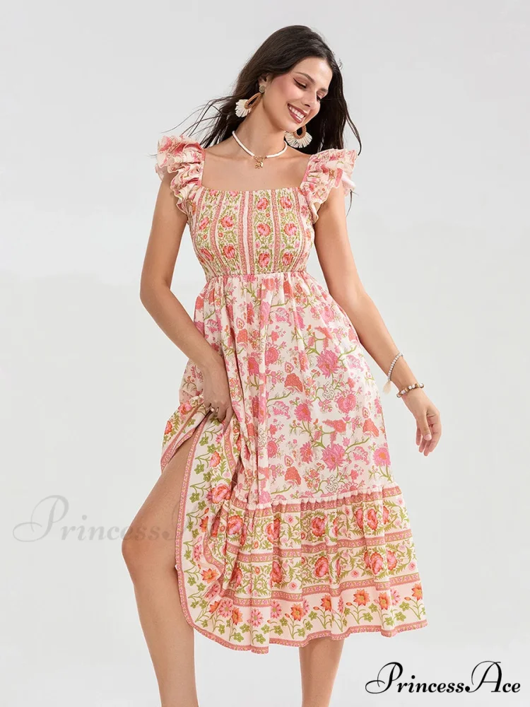 Daisy Speck Print Shirred Square Neck Frilled Flowing Seaside Daisy Dress - Image 10