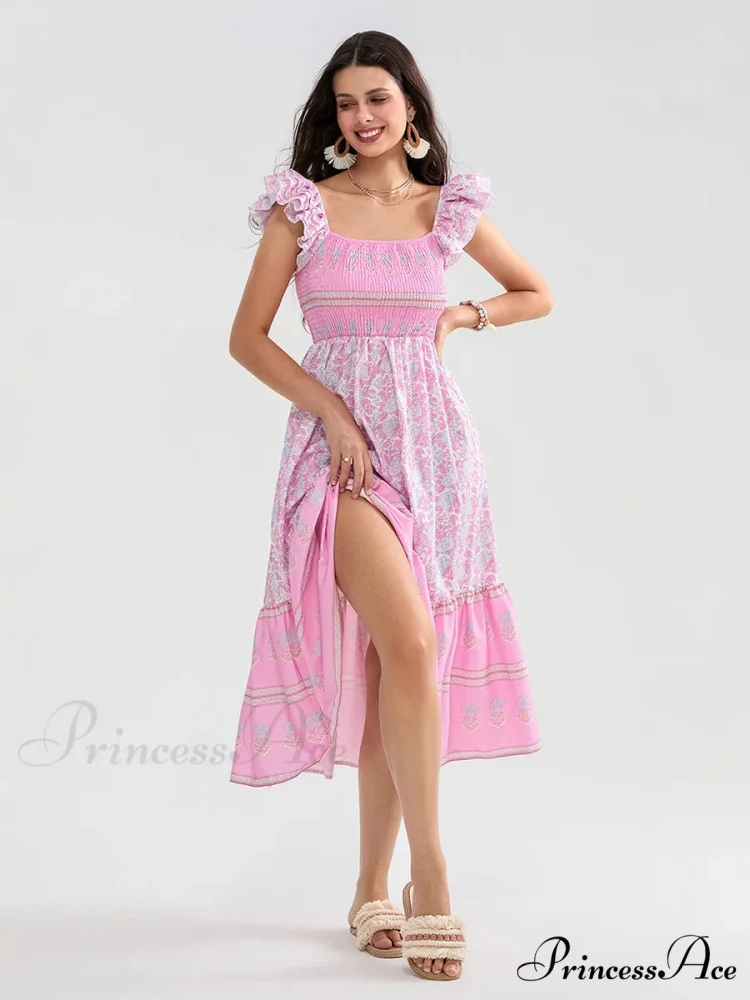 Daisy Speck Print Shirred Square Neck Frilled Flowing Seaside Daisy Dress - Image 11