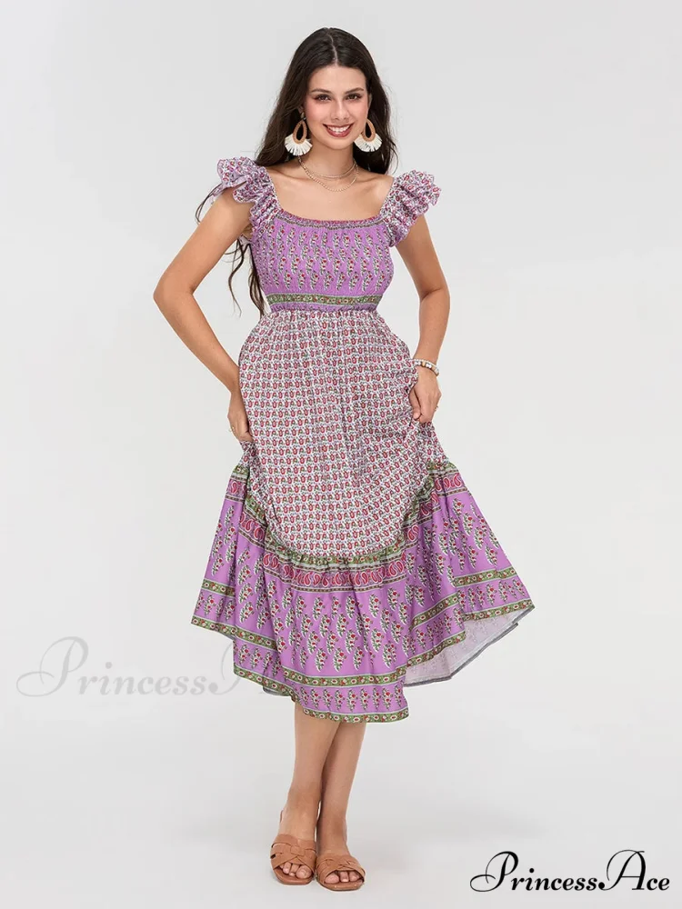 Daisy Speck Print Shirred Square Neck Frilled Flowing Seaside Daisy Dress - Image 2