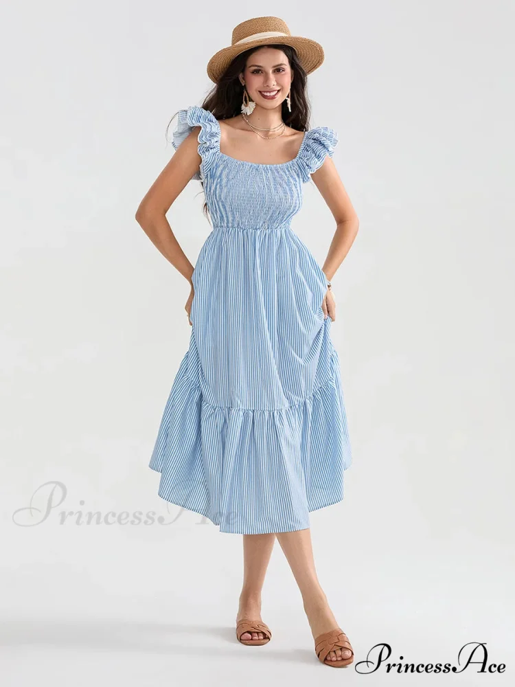 Daisy Speck Print Shirred Square Neck Frilled Flowing Seaside Daisy Dress - Image 3