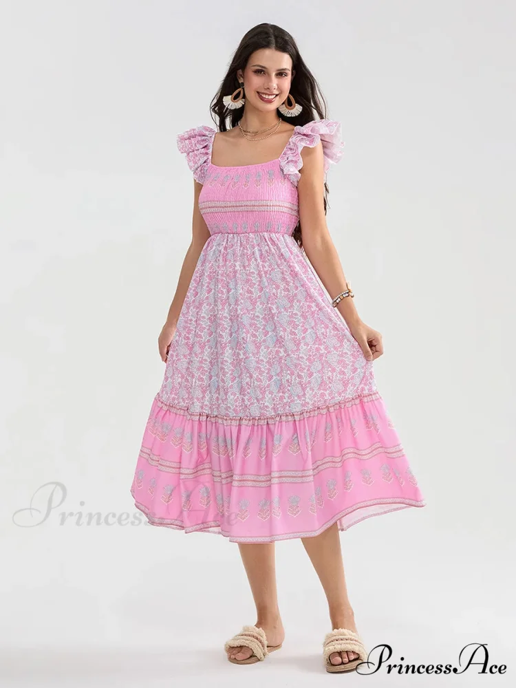 Daisy Speck Print Shirred Square Neck Frilled Flowing Seaside Daisy Dress - Image 4