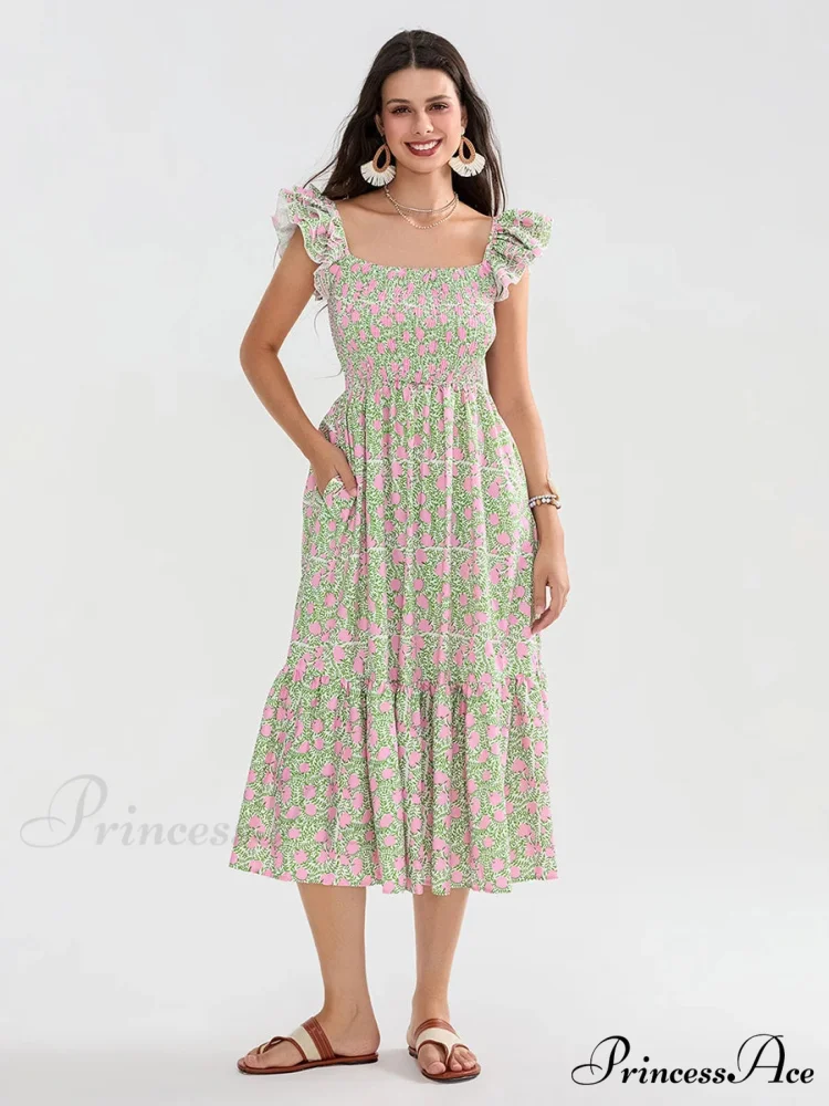 Daisy Speck Print Shirred Square Neck Frilled Flowing Seaside Daisy Dress - Image 5
