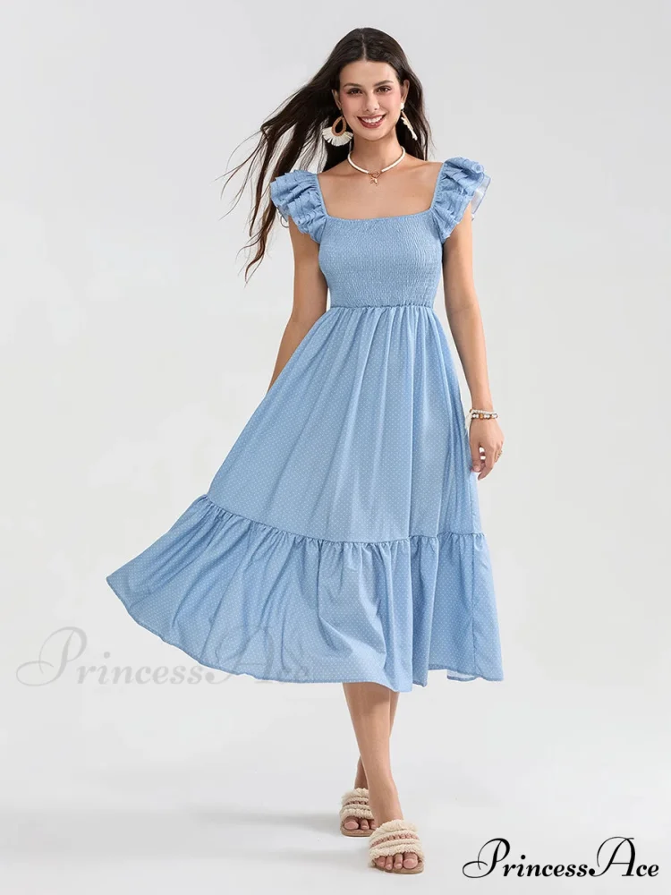 Daisy Speck Print Shirred Square Neck Frilled Flowing Seaside Daisy Dress - Image 8