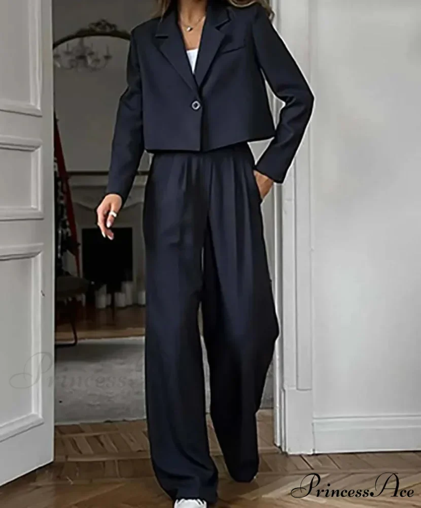 Dark Azure Single Button Blazer Workplace Two Piece Set - Image 3