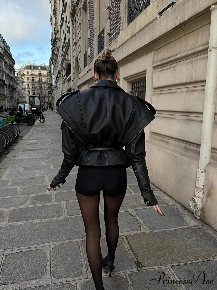 Dark Belted Zippered Bomber Leather Jacket - Image 6