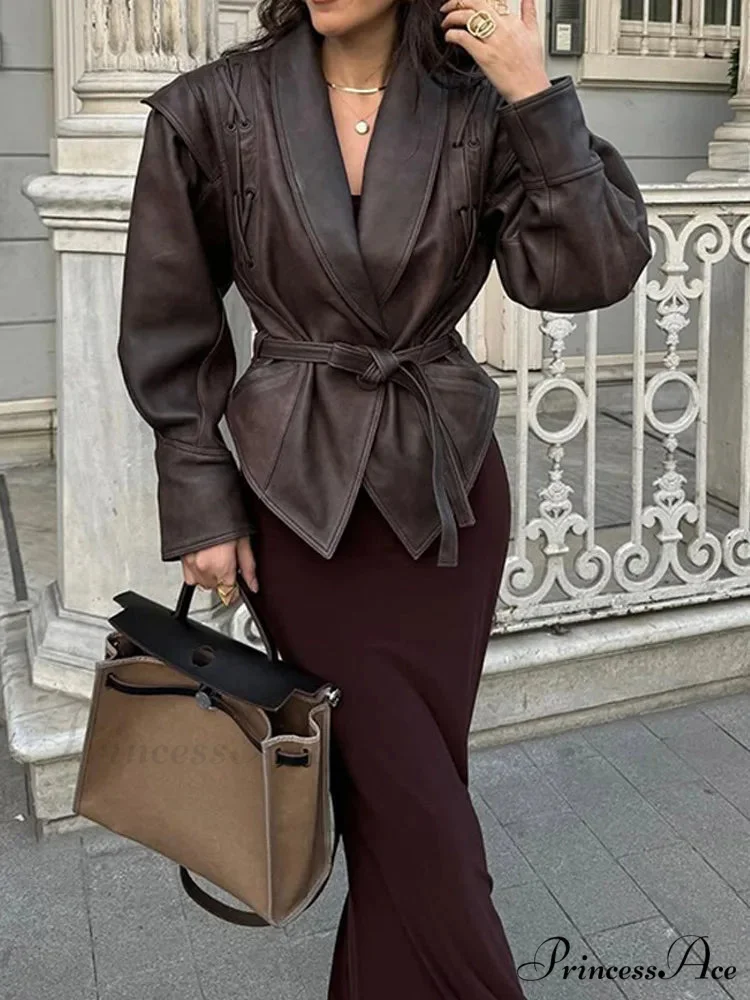 Dark Belted Zippered Bomber Leather Jacket - Image 8