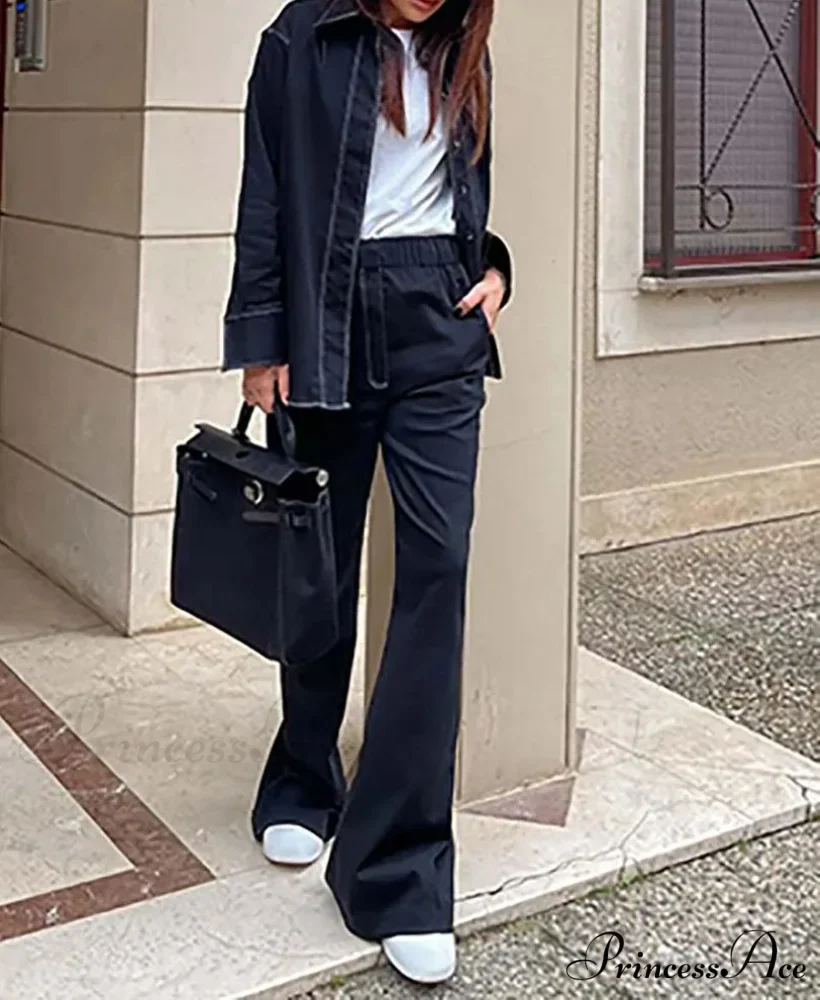 Dark Blue Button Pockets Pants Workplace Two Piece Set - Image 2