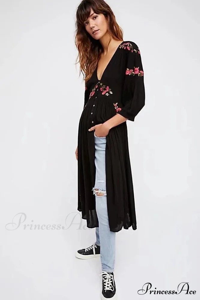 Dark Bohemian Extended Dress Flower Stitching V-neck Free-spirited Dress - Image 2