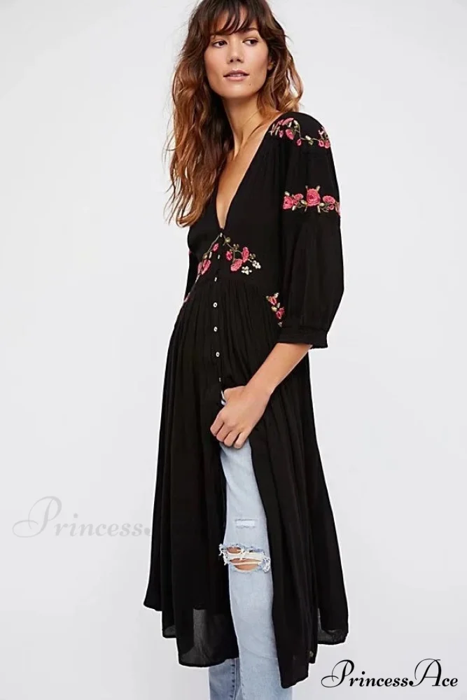 Dark Bohemian Extended Dress Flower Stitching V-neck Free-spirited Dress - Image 4