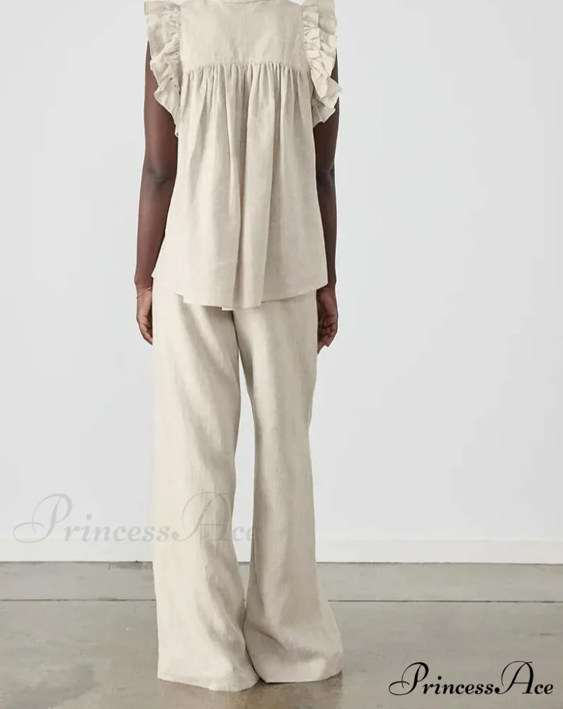 Dark Cotton Frilled Basic Pants Workplace Two Piece Set - Image 2