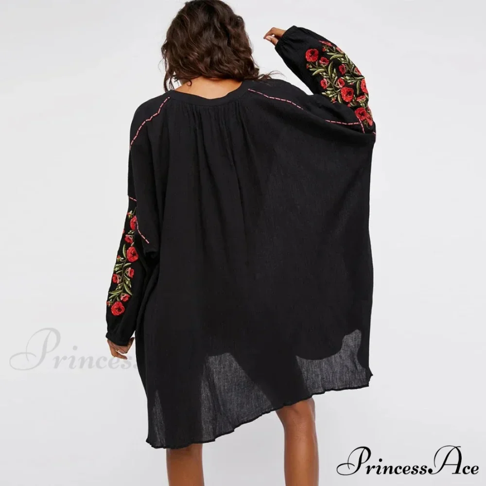 Dark Cotton Rayon Floral Stitching Seaside Dress - Image 2