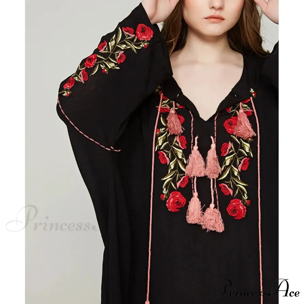 Dark Cotton Rayon Floral Stitching Seaside Dress - Image 3