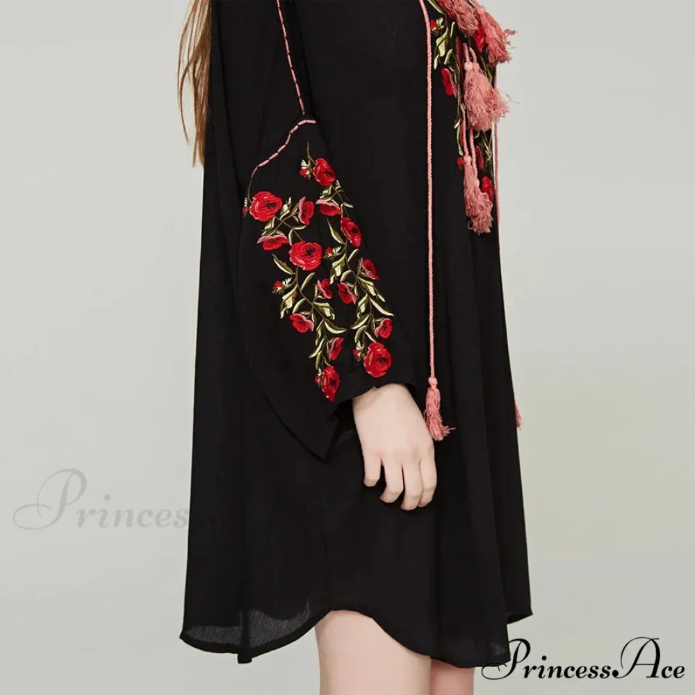 Dark Cotton Rayon Floral Stitching Seaside Dress - Image 4