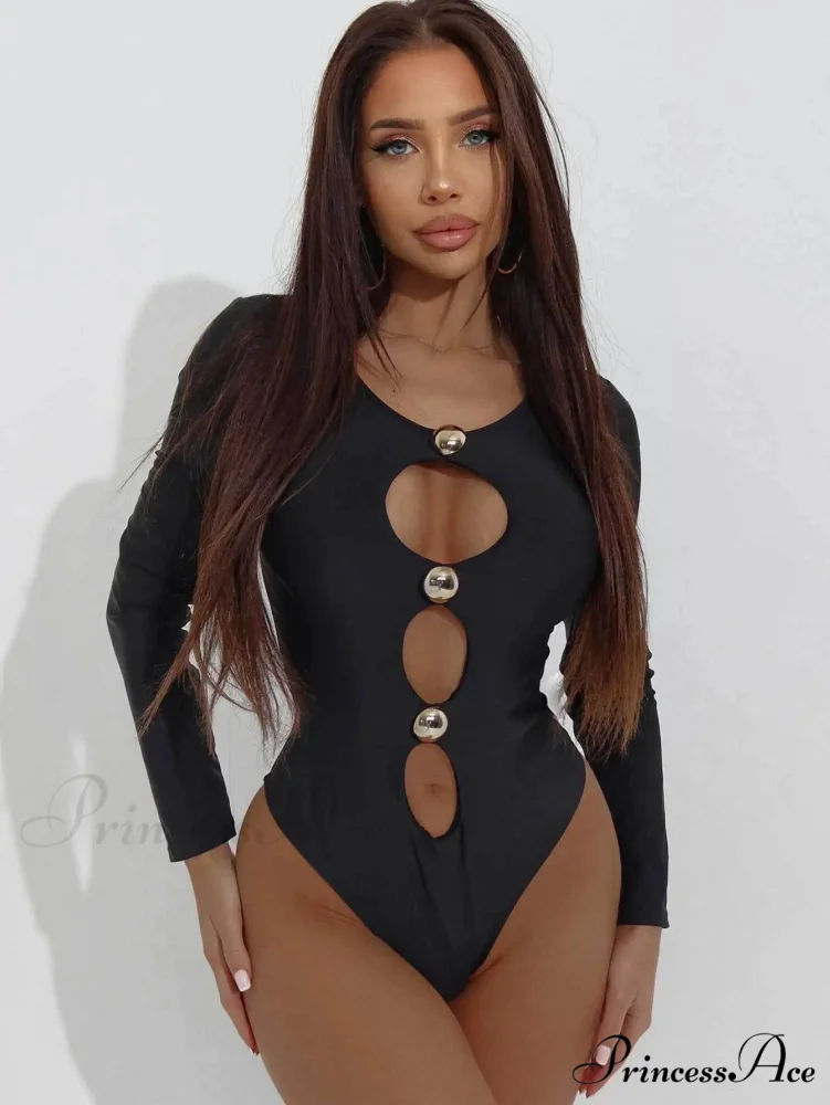 Dark Empty Button Single Piece Swimsuit
