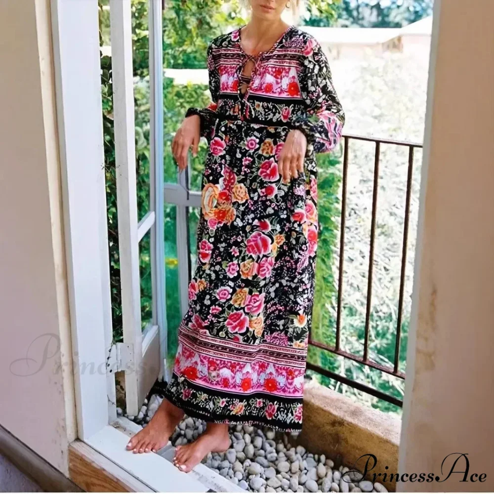 Dark Floral Pattern Necktie Long Sleeve Rayon Maxi Boho Dress - Image 2