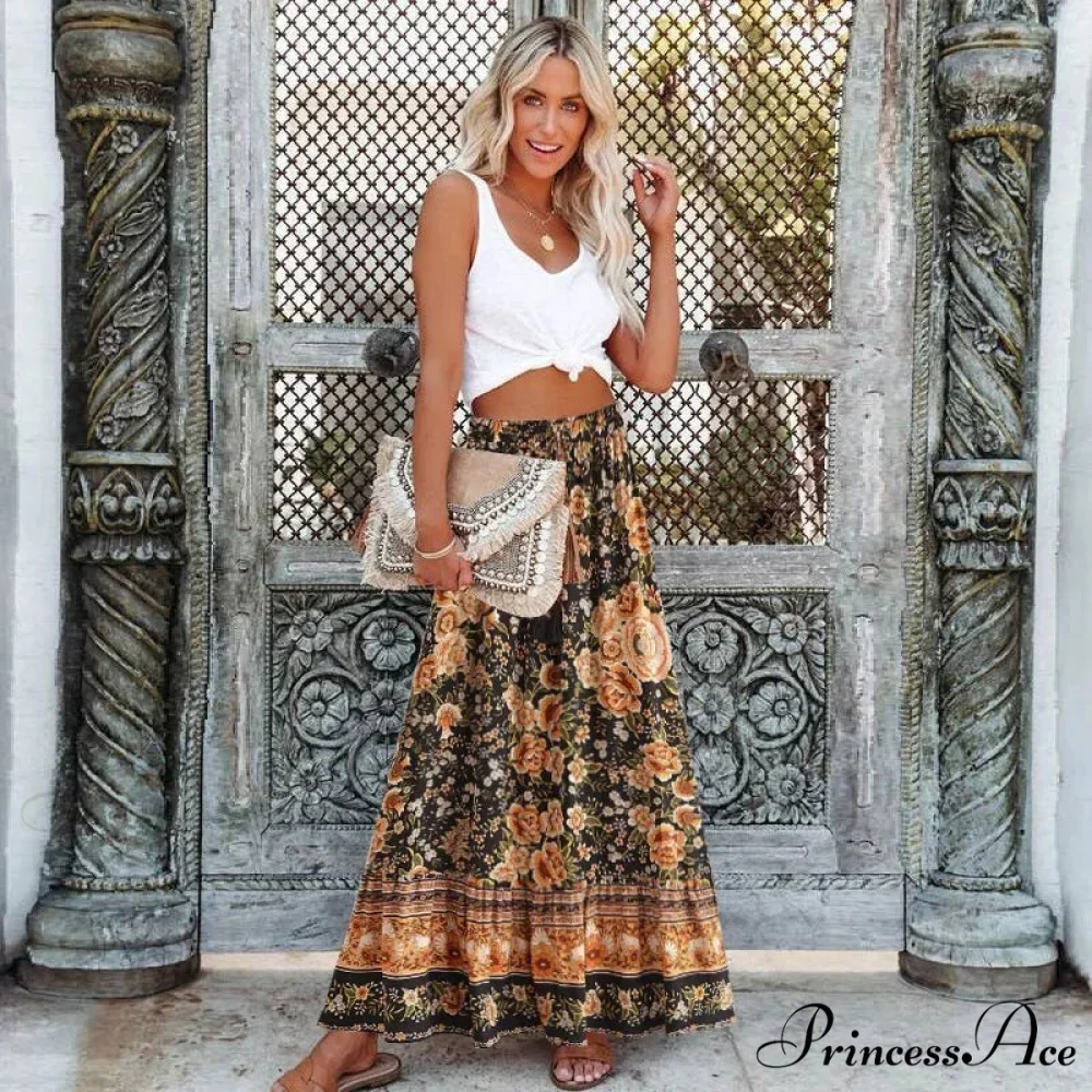 Dark Floral Patterned Pleated Free-Spirited Skirt Stretchy Waist Flared Rayon Full-Length - Image 2