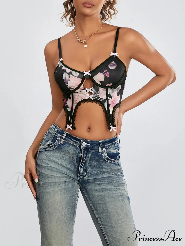 Dark Flower Low Cut Thin Strap Open Back Top - Image 2
