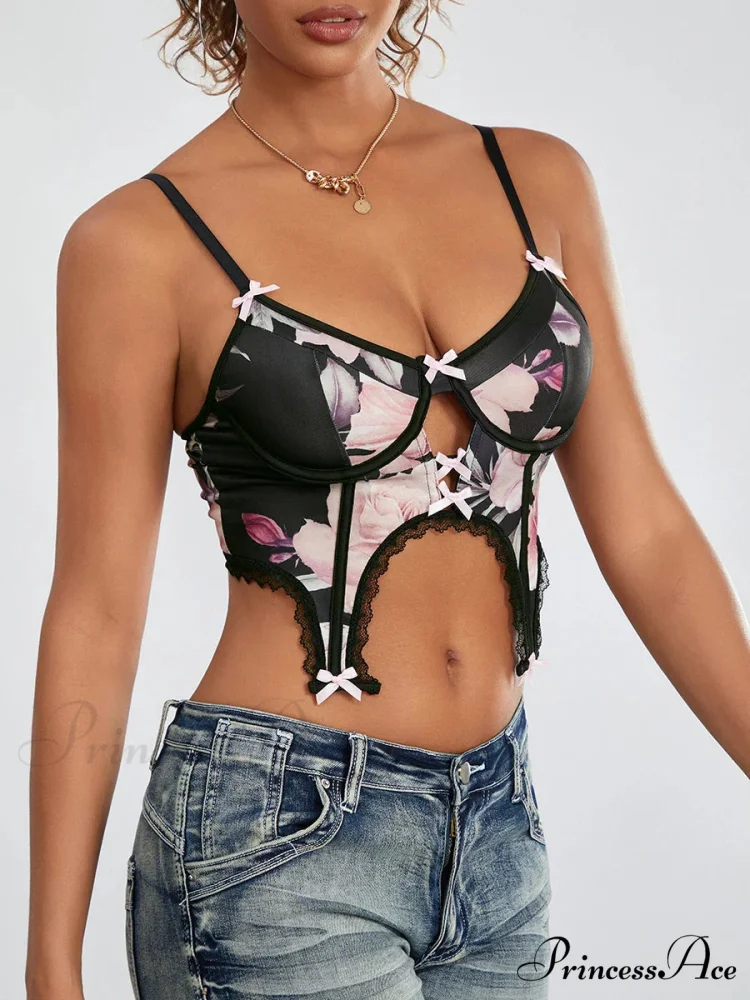 Dark Flower Low Cut Thin Strap Open Back Top - Image 3