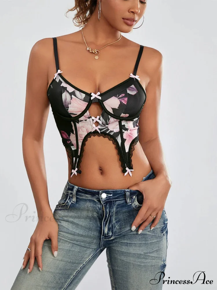 Dark Flower Low Cut Thin Strap Open Back Top - Image 4
